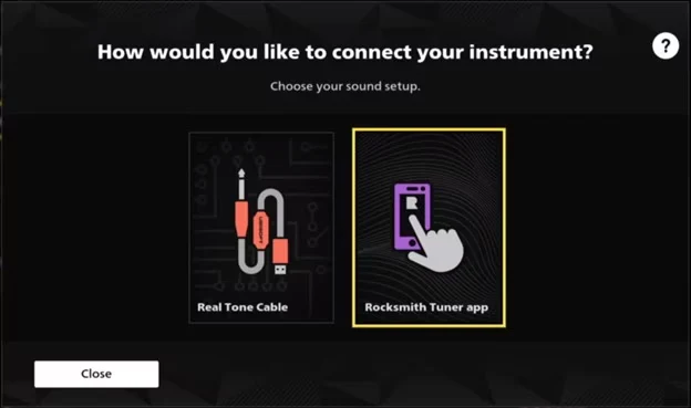 Rocksmith+ setup screen asking how to connect an instrument, with Real Tone Cable and Tuner app options