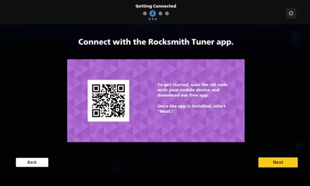 Rocksmith+ getting connected screen with QR code to download the Tuner app