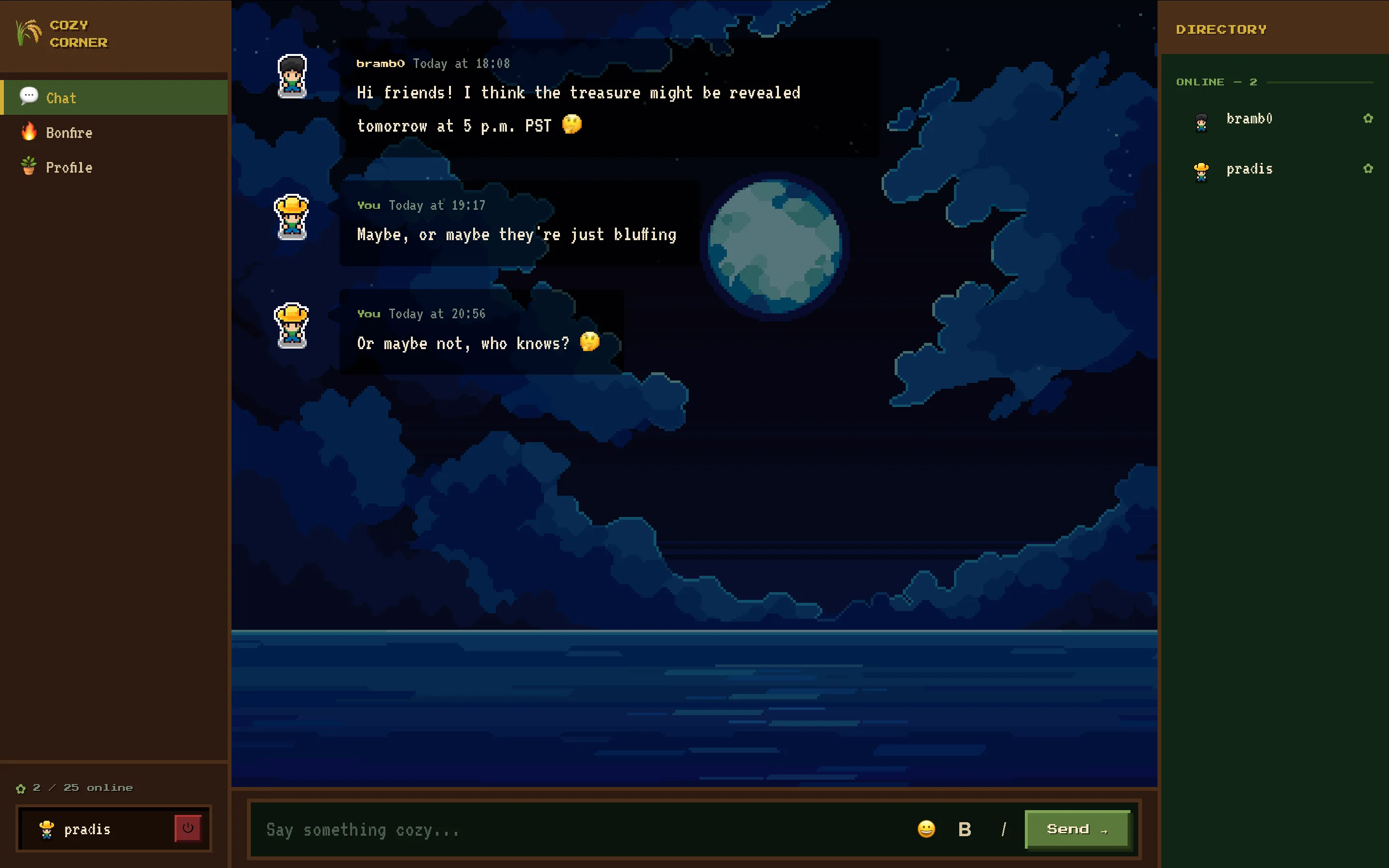 Real-time chat screen: layered ocean background, left navigation sidebar, member roster with online indicators, chained message threads, and a message input bar