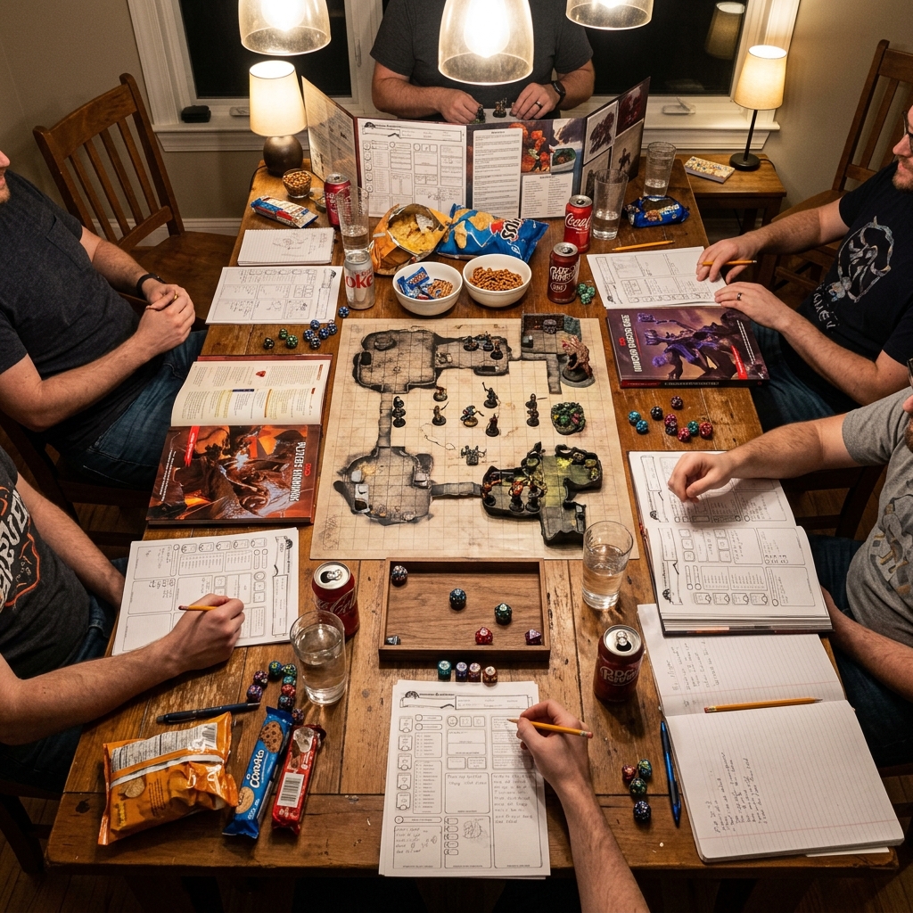 A top-down view of a crowded board game dining table during a D&D session with character sheets, books, miniatures, snacks, soda cans, and dice