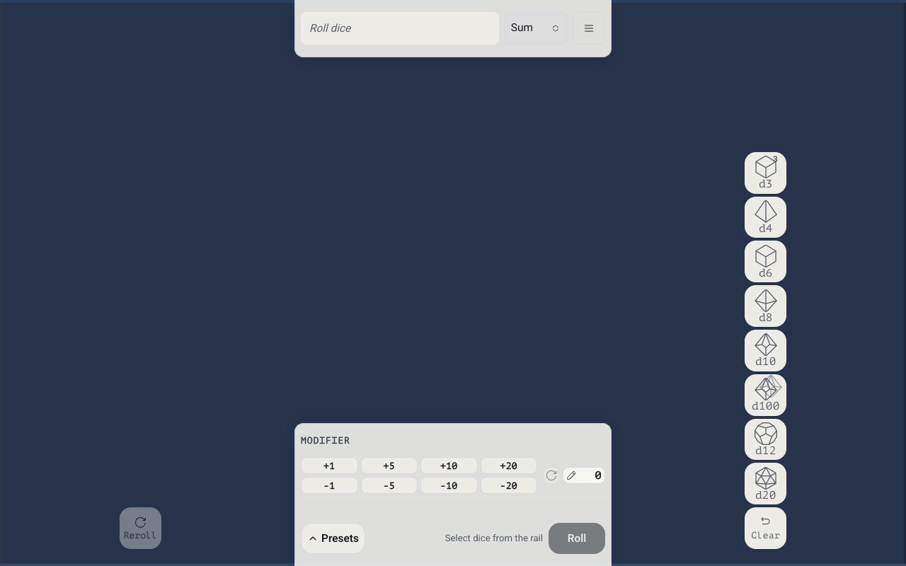 Desktop interface of Online Dice Simulator showing multiple green and grey dice rolling on a 3D board alongside a sidebar settings menu