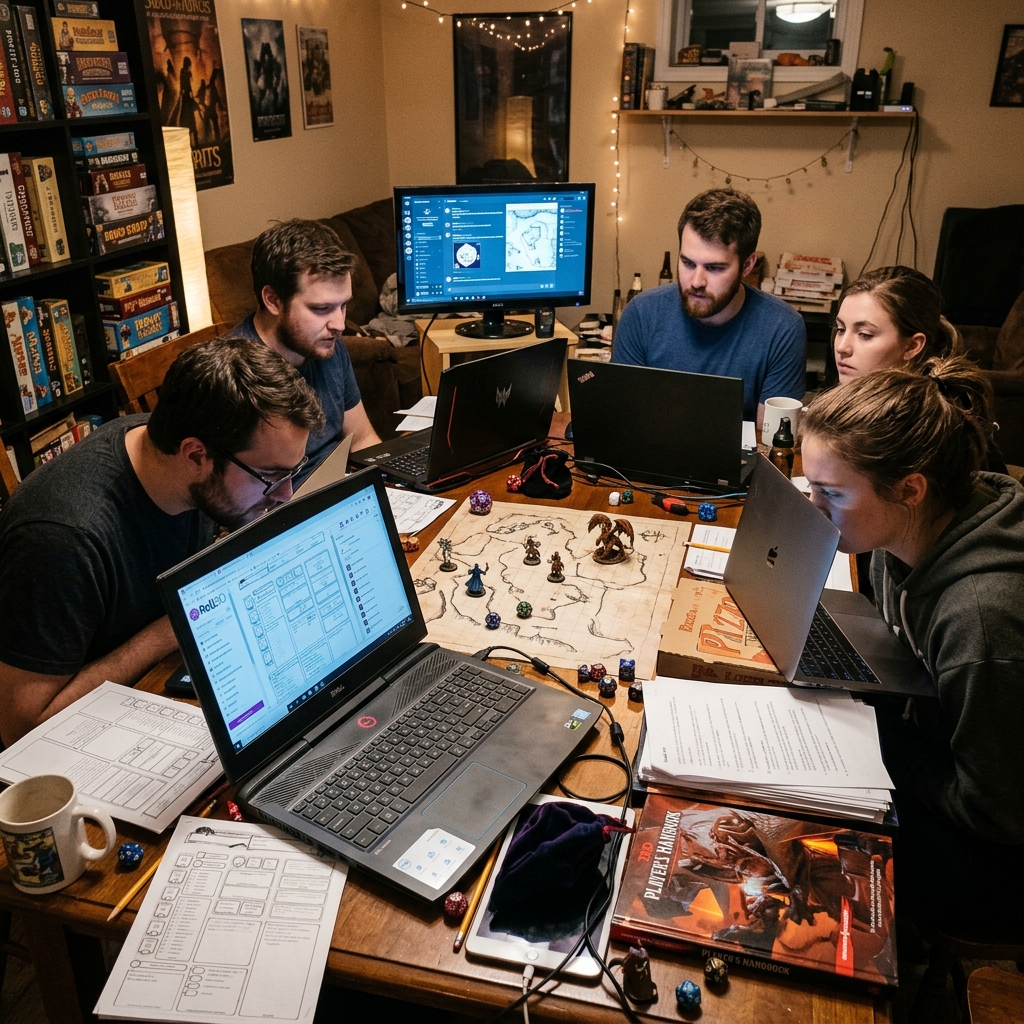 Players hunched over open, bulky laptops at a board game table, blocking views and creating a physical and social barrier