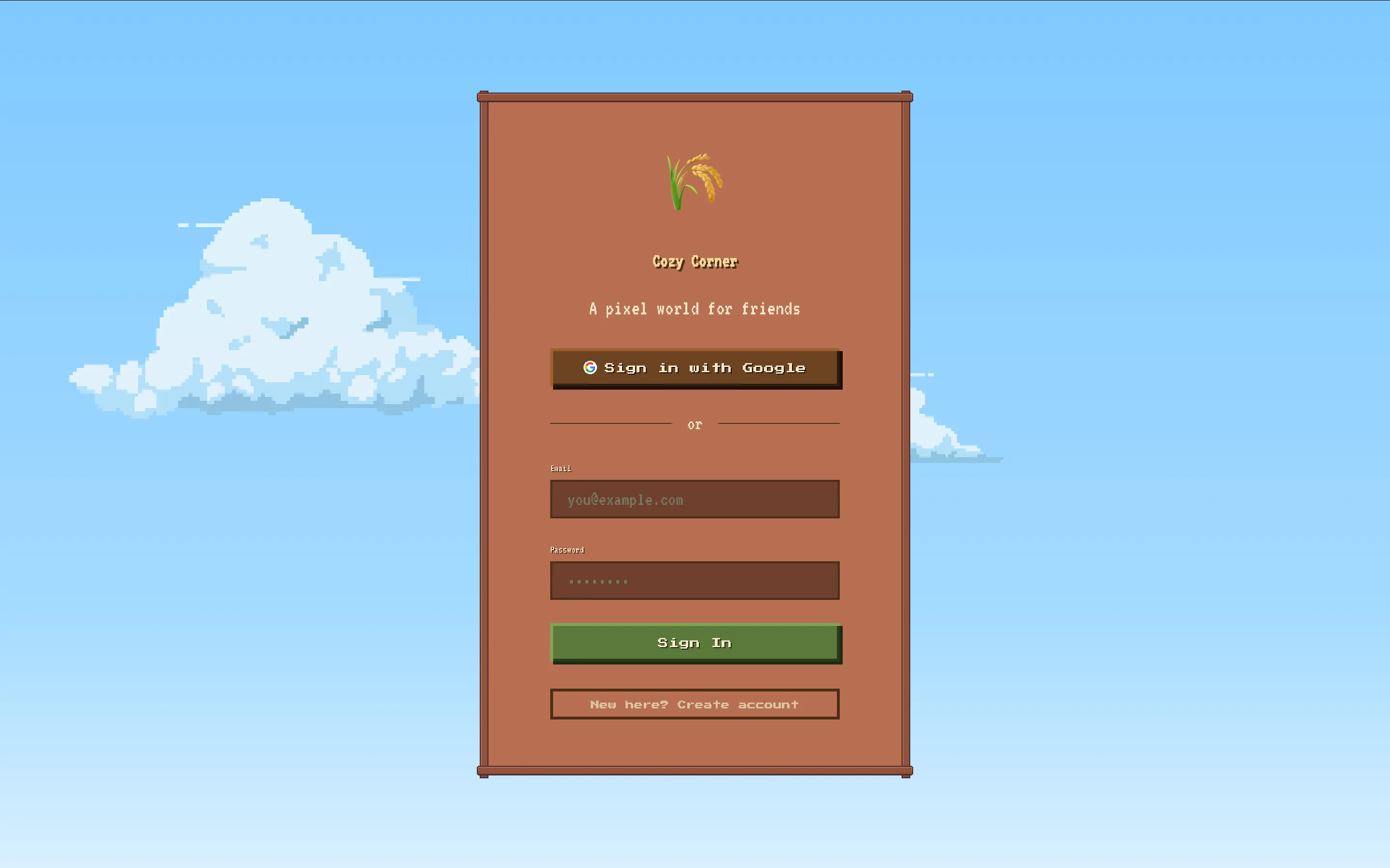 Cozy Corner login screen: pixel-art sky with drifting clouds and grass horizon, wood-panel sign-in form with Google OAuth and email fields, and Bramha logo