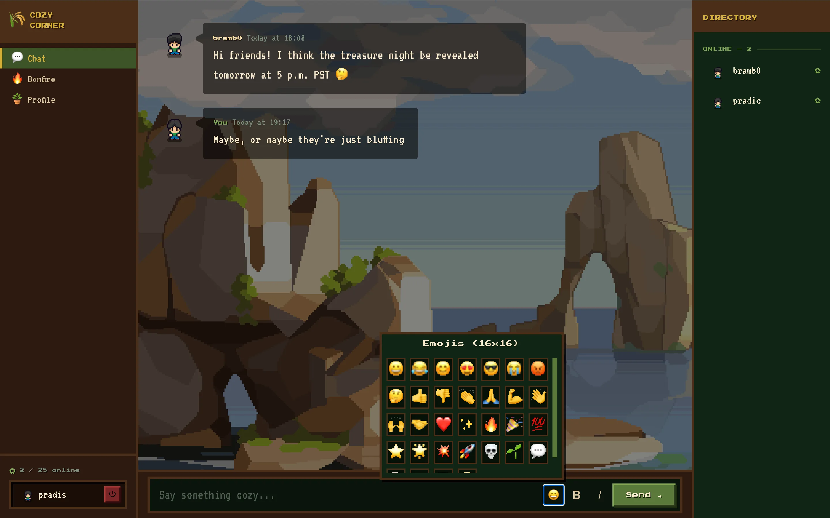 Close-up of chat messages showing pixelated emoji rendered inline with body text using nearest-neighbour upscaling instead of smooth OS emoji glyphs