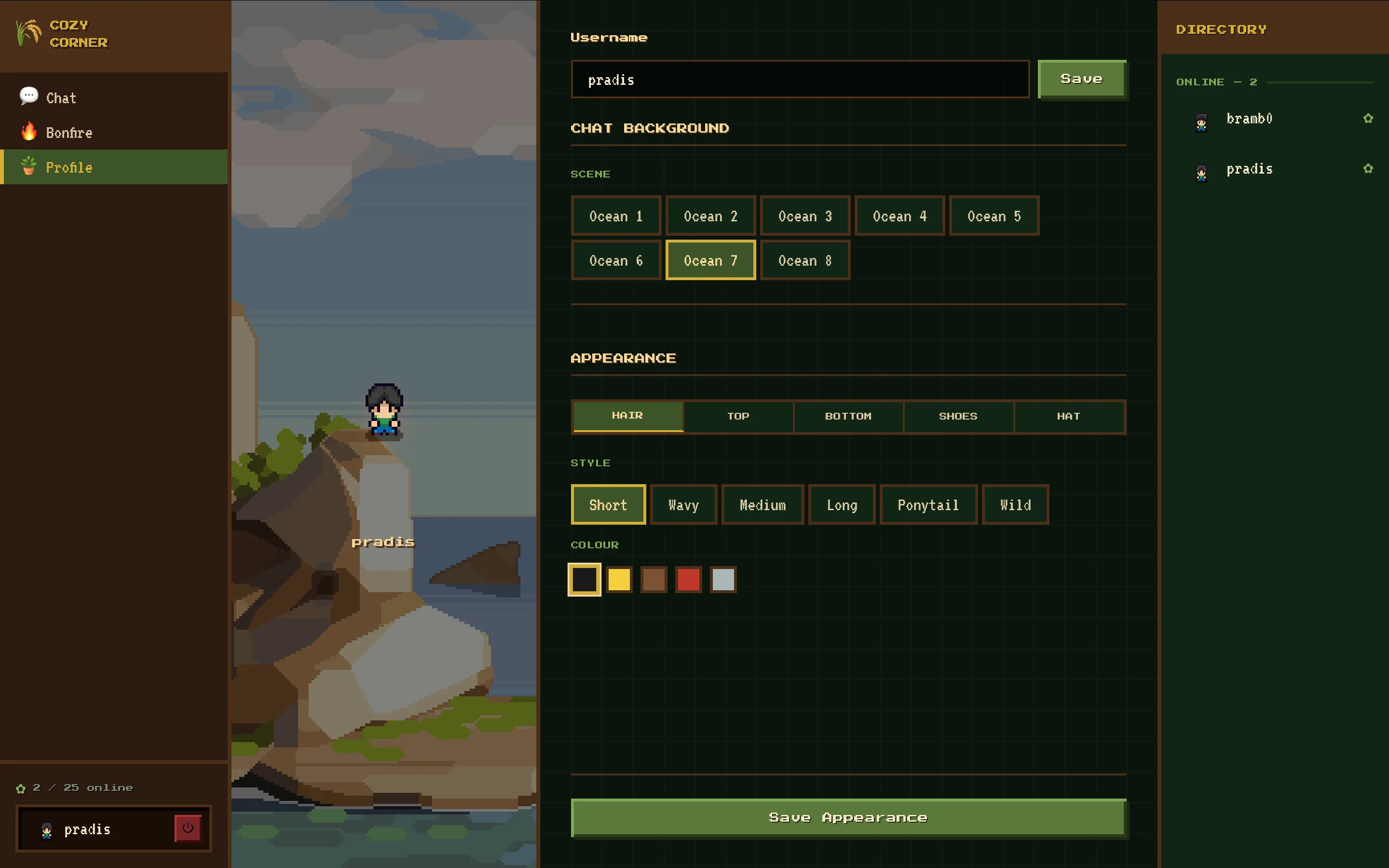 Profile customizer: live pixel avatar preview on a parallax ocean background, tabbed controls for hair top bottom shoes and hat, and a grid of selectable chat background swatches