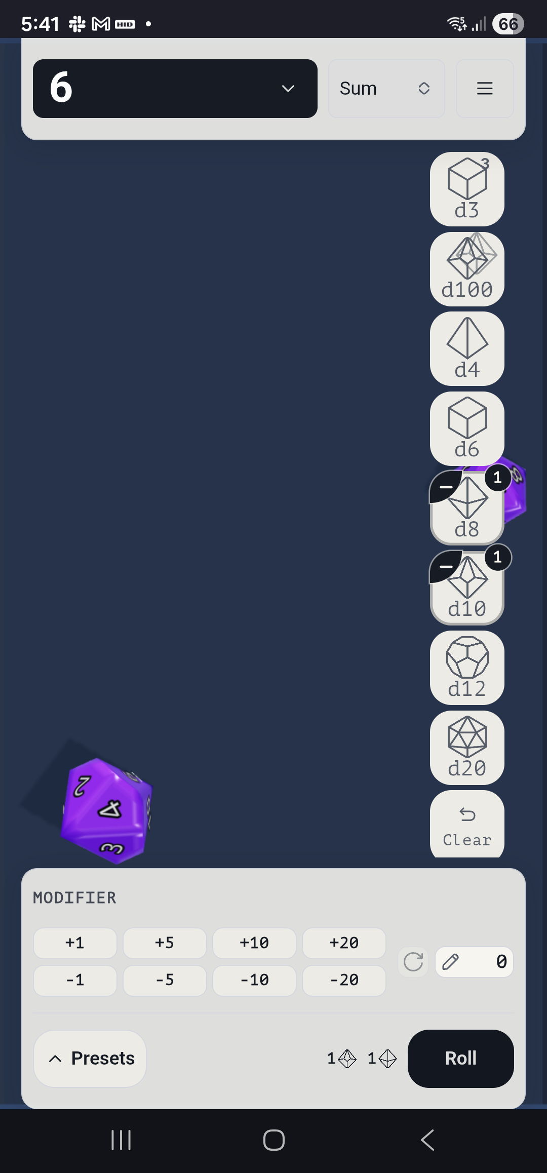 Mobile view of Online Dice Simulator showing the controls grouped at the bottom of the screen within the thumb reach zone