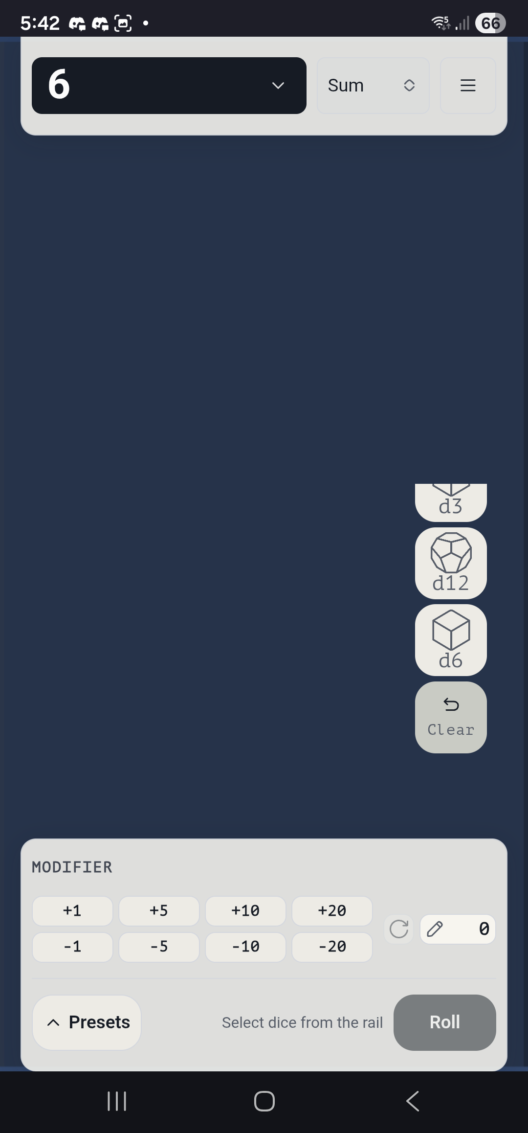 Mobile view of Online Dice Simulator showing the Dice Presets screen with custom quick-rolling slots