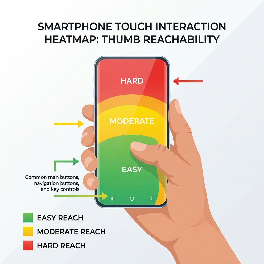 Heatmap infographic of a mobile phone screen showing thumb reachability zones (green for easy lower reach, yellow for moderate, red for hard)